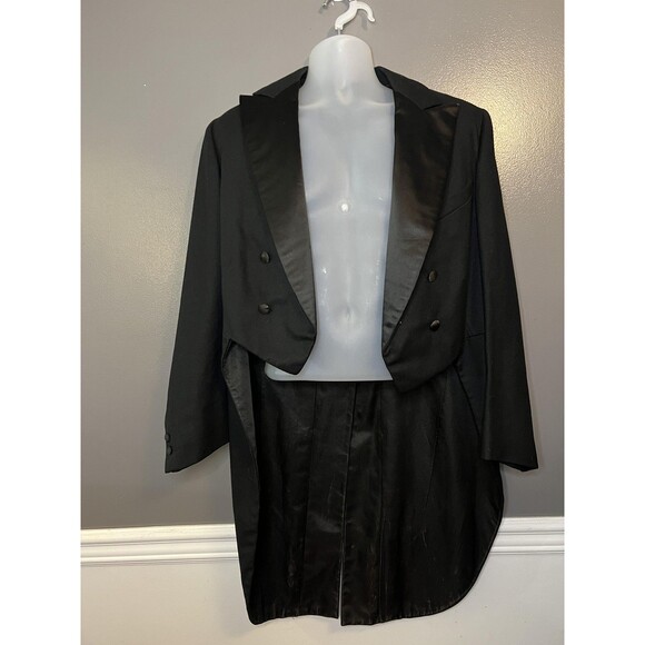 Tuxedo Tailcoat Jacket Mens Black Satin Peak Lapel Double Breasted White Tie - Picture 1 of 11